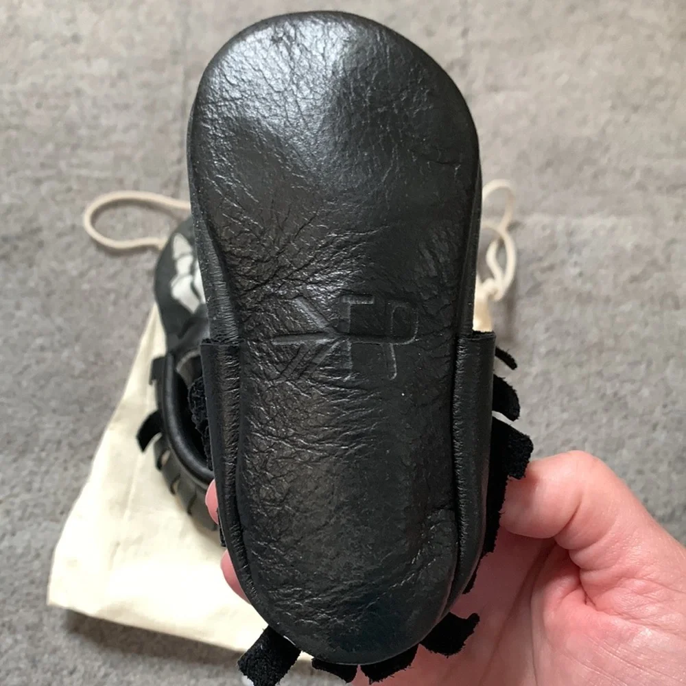 Freshly Picked Black Moccasins with White Skeleton Print